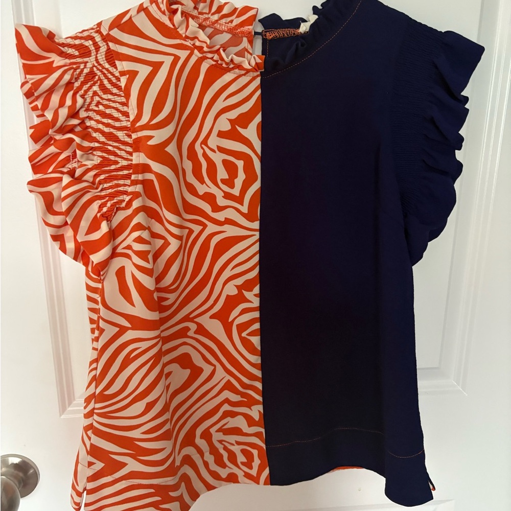 JODIFL Orange and Navy Ruffle Sleeve Top